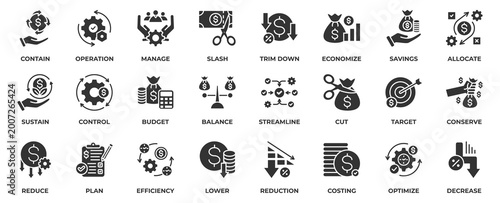 Fotografi Cost Reduction icon set collection in solid glyph style, an icon pack contain cost, reduction, finance, saving, budget, limit, economy, target, optimize, efficiency, plan and more