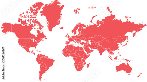 World Map, Global Map, Red Map, Vector Map, Geographic Illustration, Flat Design
