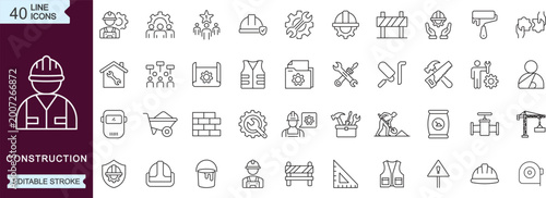 Photos Labor Day construction line icons set with tools workers equipment engineering e