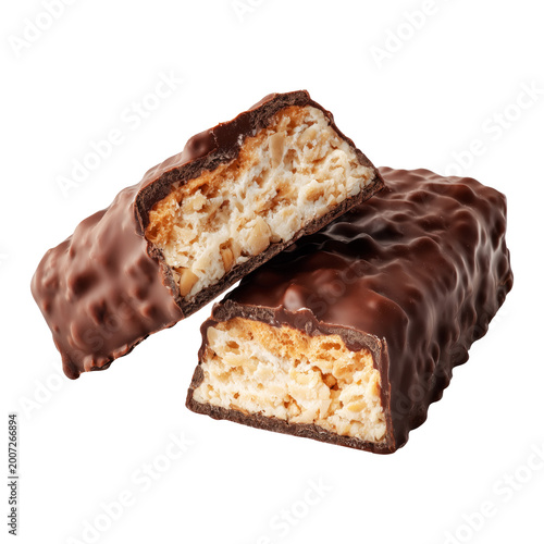 Chocolate snack protein energy fitness bar with nut cereal filling isolated on white background concept of sweet treat