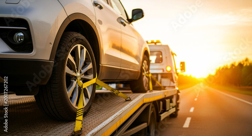 SUV secured on a flatbed tow truck traveling along a highway at sunset. The vehicle is attached with yellow straps for safe vehicle recovery and transport. Roadside assistance concept for insurance.