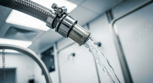 Industrial hose pouring liquid in a cleanroom. Metal braided pipe with clamp in a pharmaceutical plant. Sterile manufacturing and quality control concept for biotech.