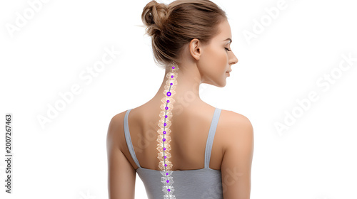 Woman with highlighted spine and postural assessment markings on her back viewed from behind wearing a gray tank top against a white background