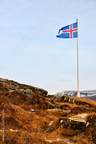 Photography Icelandic flag at Alþingi Assembly at Þingvellir in southern Iceland