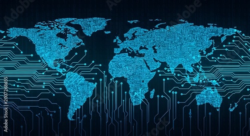Digital world map made of blue circuits and lights with abstract background