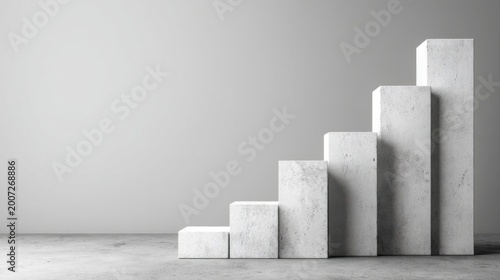 Minimalist monochrome composition of six ascending concrete blocks on gray floor with soft lighting.