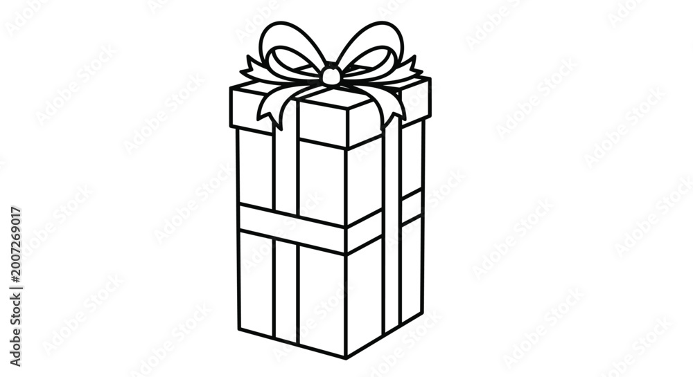 Naklejka premium Black and white line art of a tall gift box tied with a ribbon and a large decorative bow for coloring activities.