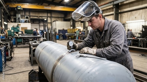 Medium shot of a technician performing precise weld inspection on a horizontal air receiver tank using gauges to ensure safety and compliance in industrial fabrication.