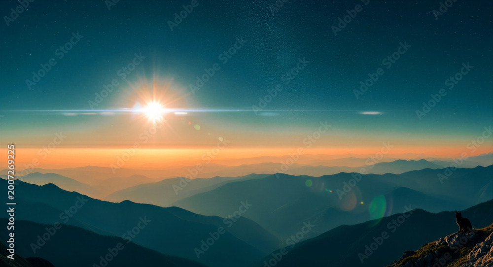 Obraz premium Sunrise over mountain peaks with a starry night sky transition. Silhouette of a cat on a rocky ledge overlooking a misty valley. Nature landscape concept ideal for travel and serenity backgrounds.