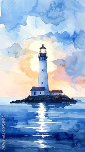 A serene lighthouse on a rocky island at sunset