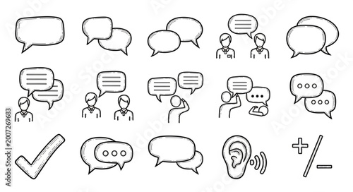 Hand Drawn Speech Bubbles and Communication Icons Set.
