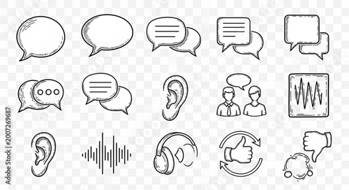 Hand Drawn Speech Bubbles and Ear Icons Set.