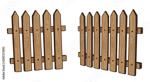 Two sections of a traditional wooden picket fence shown from different perspectives with a natural wood grain texture for landscaping concepts.