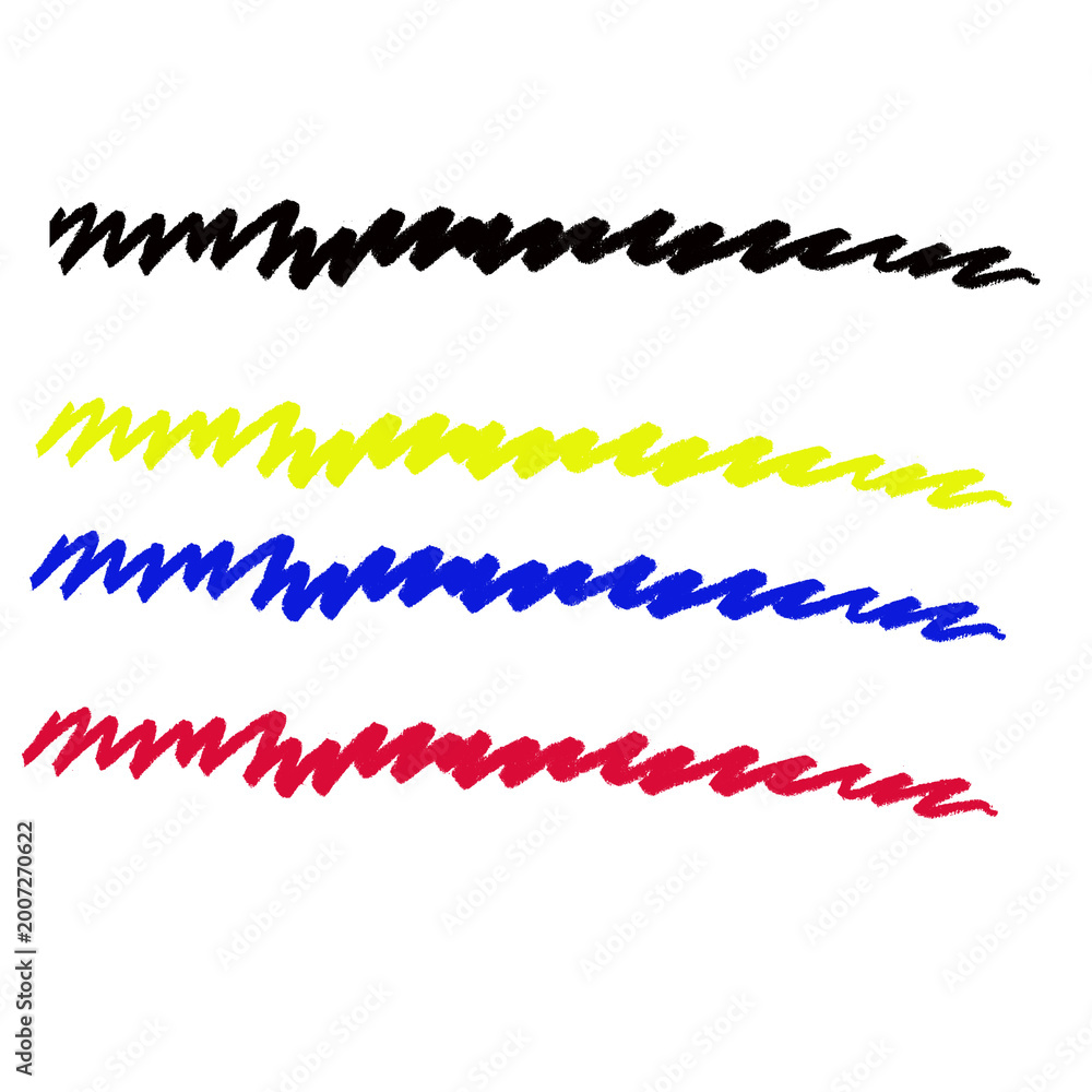 Fototapeta premium Four horizontal lines of colorful abstract scribbles including black yellow blue and red isolated on transparent background