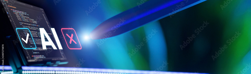 Naklejka premium Artificial Intelligence decision and testing concept. Digital stylus pointing at AI text with yes and no checkmarks. Developer tablet with code in background. Panoramic banner.