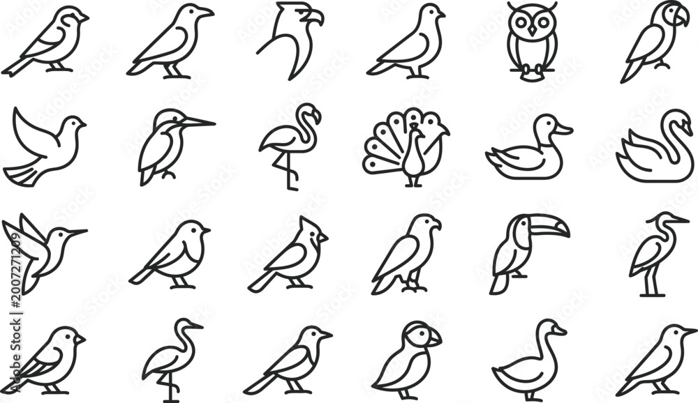 Obraz premium Black and white line icons set of animals collection