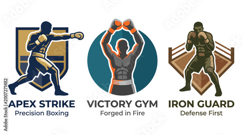 Slika na platnu This image showcases three dynamic logos for boxing, illustrating skills such as precision, strength, and defense in a vibrant and engaging graphic design format