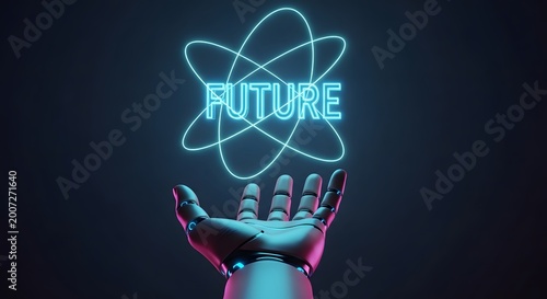 Robotic hand presenting a glowing neon 'future' atom symbol with robot hand