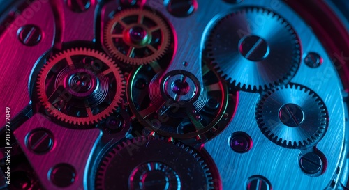 Close-up of intricate clockwork gears illuminated by blue and pink light