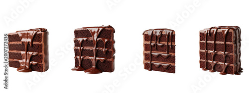 Four isolated slices of rich layered chocolate cake with dripping ganache