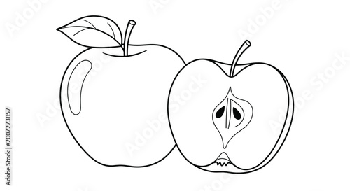 Simple black and white line art drawing of a whole apple with a leaf and a half apple showing the core and seeds for coloring.