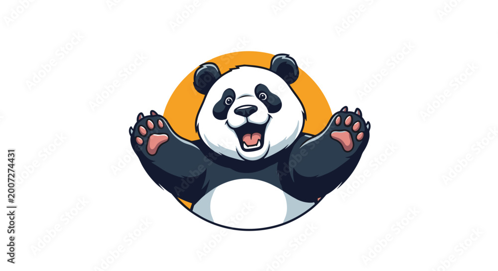 Fototapeta Cheerful cartoon panda bear character with wide open arms and a happy expression framed within a bright orange circle background.