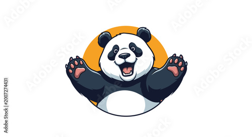 Cheerful cartoon panda bear character with wide open arms and a happy expression framed within a bright orange circle background.