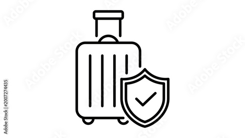 A minimalist travel insurance vector icon featuring a suitcase with a medical cross symbol on white background, this illustration includes an editable stroke for custom line weight adjustments.
