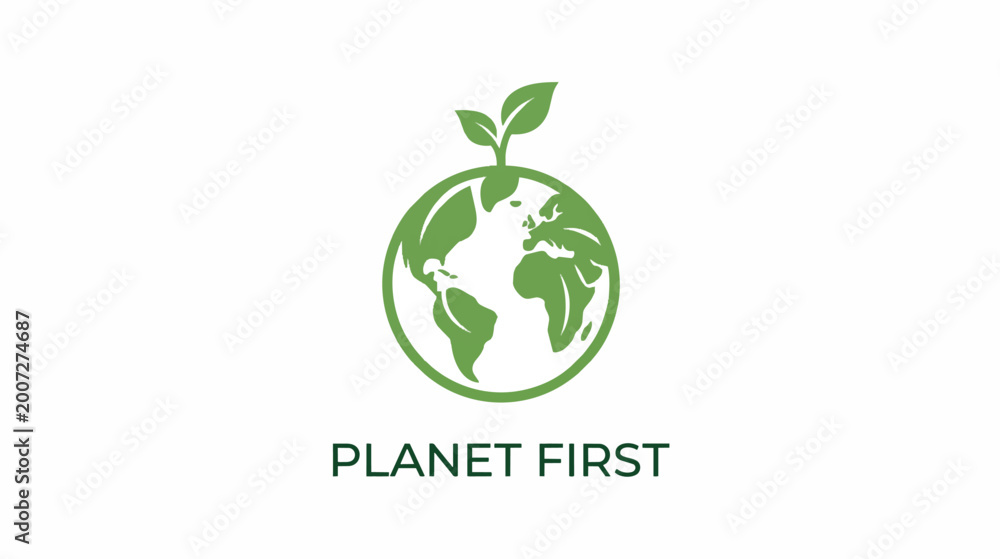 Fototapeta premium Planet First Logo Depicting Earth and Growing Plant.