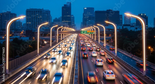 Cuadro en lienzo Busy highway traffic at night with city skyline in the background