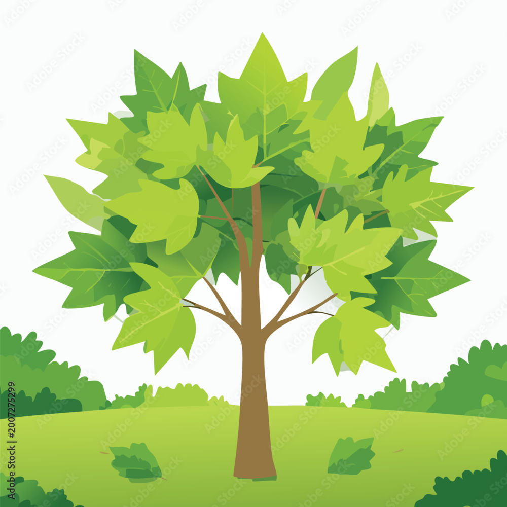 Obraz premium Cartoon tree illustration on green grass with blue sky background