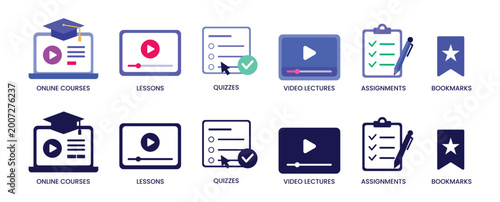 Vector icons for online learning concepts including courses, lessons, quizzes, lectures, assignments, and bookmarks in blue colors