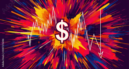 Dollar sign icon centered on a vibrant, explosive paint splash background. White line graph fluctuates before dropping sharply. Economic crash and market volatility concept for financial news.