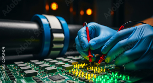 Technician in blue gloves testing a circuit board with multimeter probes. Precise electronic hardware diagnostics in a high-tech lab. Engineering concept for industrial technology marketing.