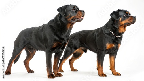 A cute purebred Rottweiler puppy and young black and white dog sit together in a studio portrait isolated on a white background