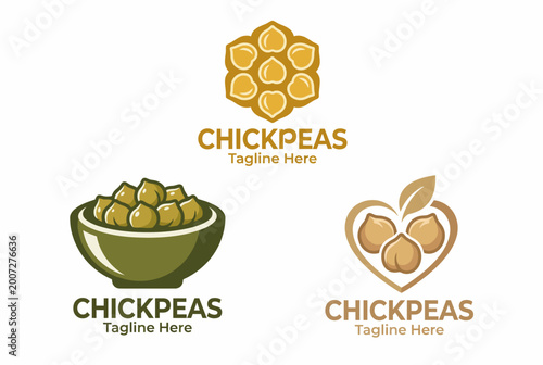 Εκτύπωση καμβά This image features distinct chickpeas logo designs showcasing bowls and hearts, ideal for business branding in the food industry, especially healthy eating themes
