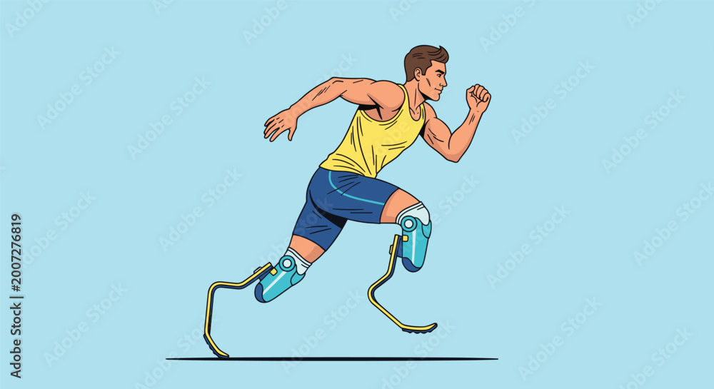 Fototapeta premium Determined male athlete with prosthetic running blades sprinting forward on a light blue background during a race.