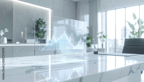 semi-transparent holographic data chart floating over a clean white marble desk