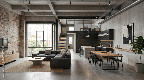 Modern Loft Interior Design with Exposed Brick and Concrete.