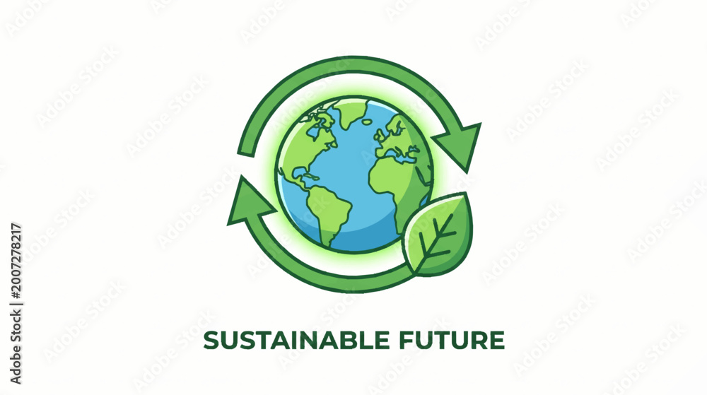 Fototapeta premium Sustainable Future Earth Globe with Green Leaf and Arrows.