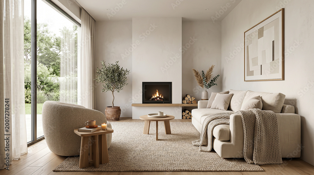 Fototapeta premium Elegant living room interior with fireplace and natural light.