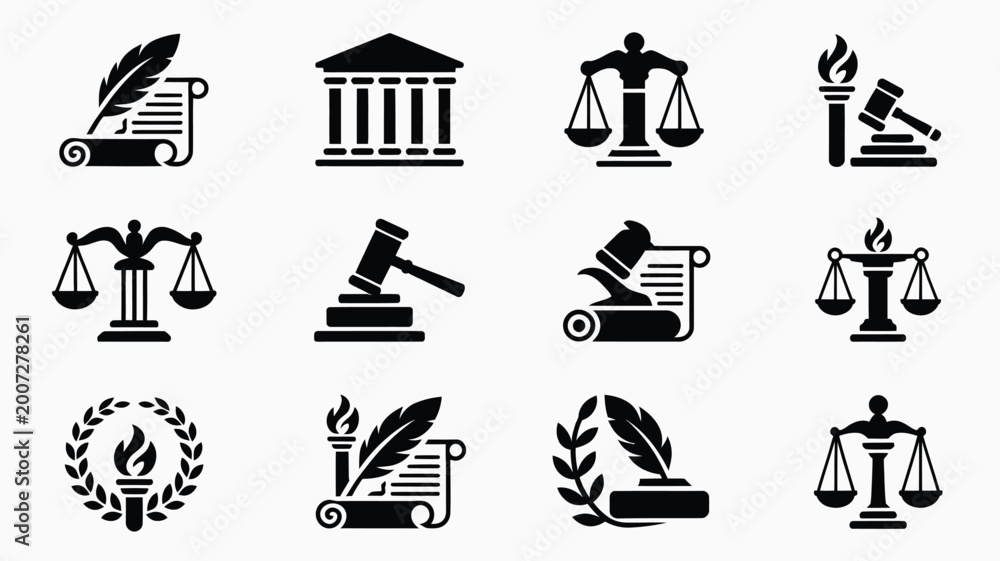 Fototapeta premium Justice and law icons set including scales gavel court law book feather and flame on white background