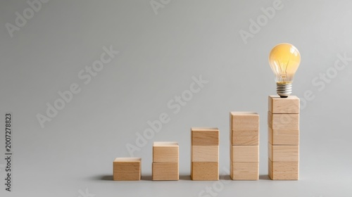 Stacked wooden cubes ascending in order with a glowing lightbulb on top representing progress and innovation.