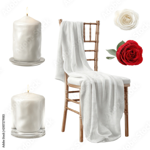 Pow/mia symbol png with white candle and red rose on wooden table chair draped with white cloth for calm setting