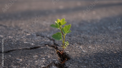 Small green plant growing through a crack in dark weathered asphalt, symbolizing resilience and nature's strength.