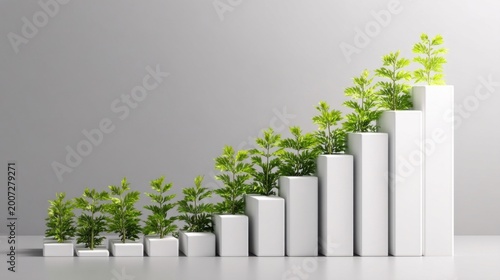 Minimalist 3D bar chart with green plants on white pedestals symbolizing growth and sustainability.