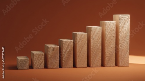 Wooden blocks in ascending order symbolize growth, progress, and success on a warm terracotta background.