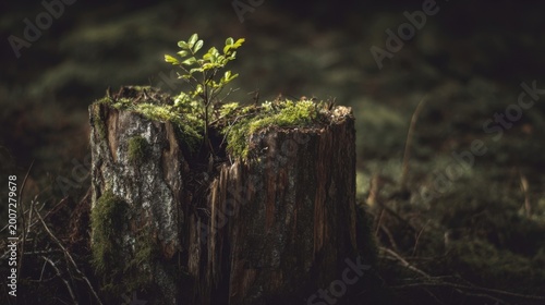 A young sapling grows from an old moss covered tree stump in a dark green forest symbolizing renewal.
