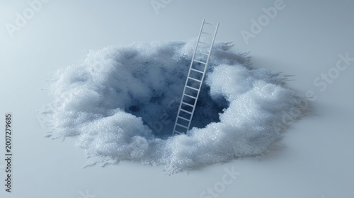 Surreal 3D hole with fluffy clouds and a metallic ladder leading to a glowing blue void below.