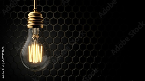 Vintage light bulb glowing warmly against a dark textured honeycomb background, illuminating innovation and ideas.